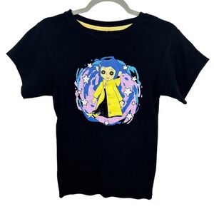 Coraline Movie Black Graphic T Shirt Women's Size S‎ Button Eyes Spooky NWT